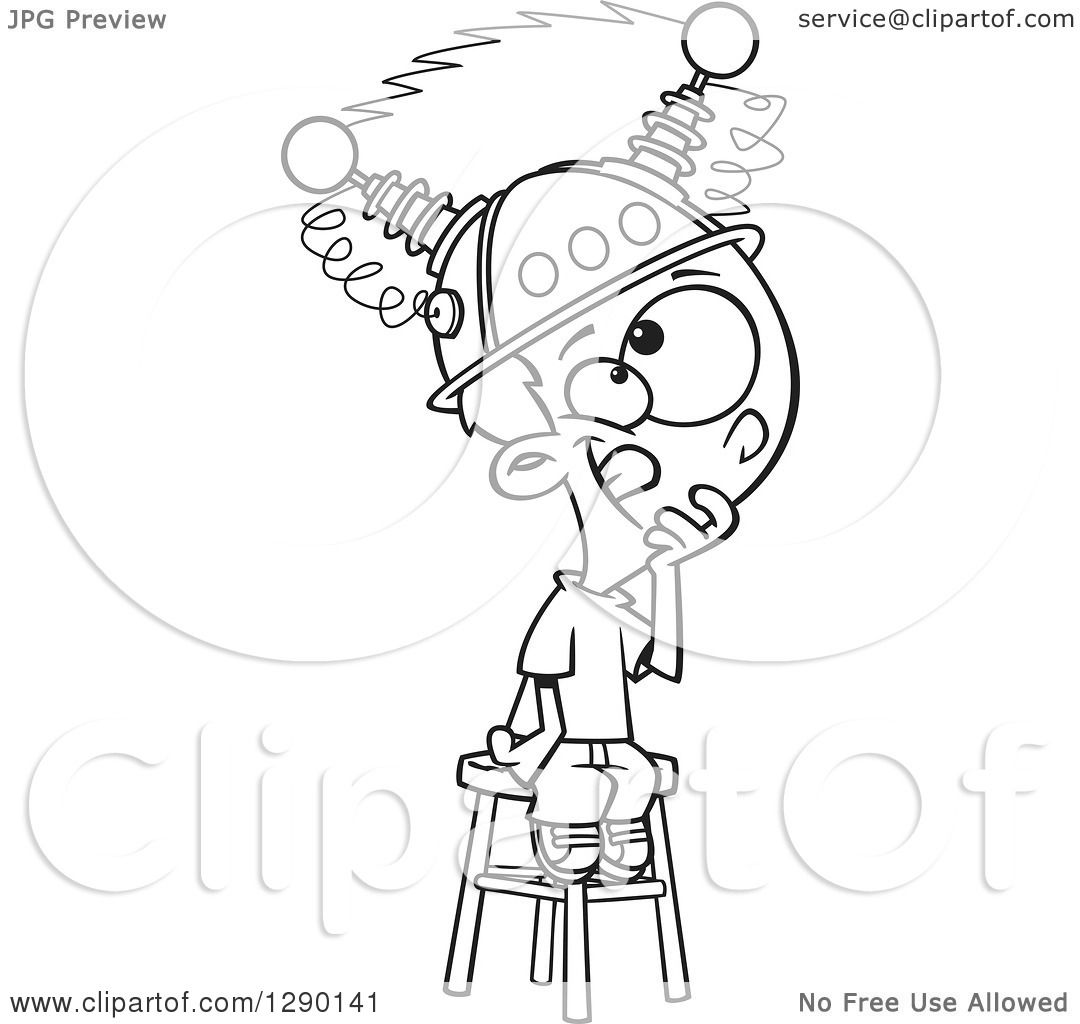 Cartoon clipart of a black and white boy sitting on a stool with a thinking cap on