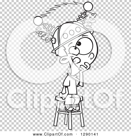 Cartoon clipart of a black and white boy sitting on a stool with a thinking cap on