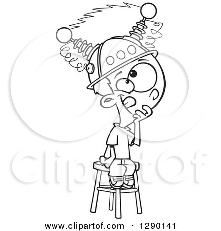 Cartoon clipart of a black and white boy sitting on a stool with a thinking cap on