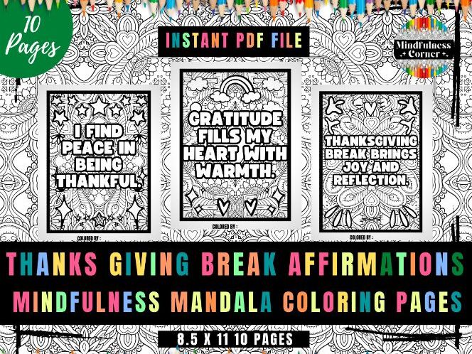 Thanks giving break affirmations mindfulness coloring pages for kids rd grade teaching resources