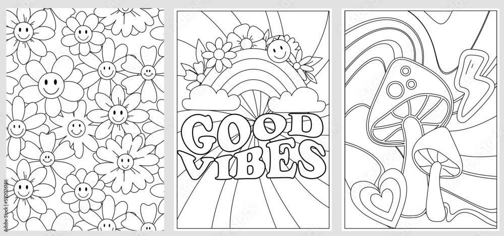 Groovy digital coloring pages set hippie coloring book in vintage s style geometric retro design templates with psychedelic flowers mushrooms rainbow and hand drawn elements vector illustration vector