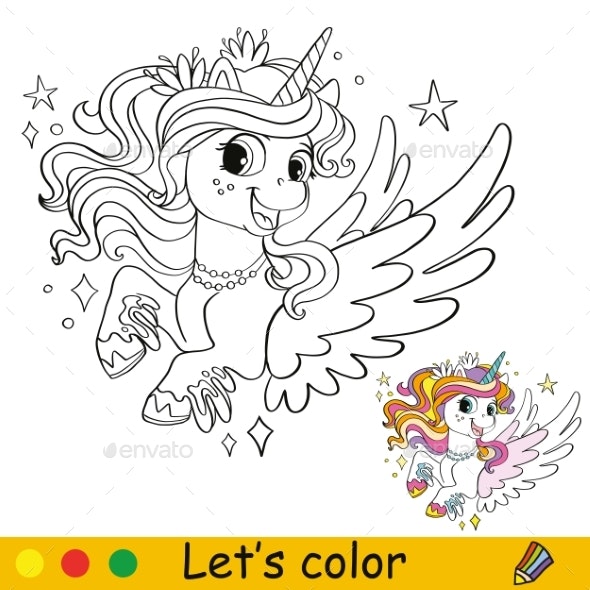 Unicorn coloring page with template vector vectors