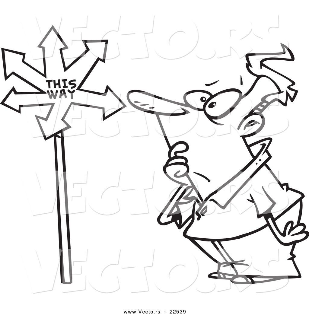 R of a cartoon confused man viewing an arrow sign