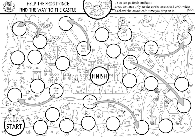 Premium vector fairytale black and white dice board game with medieval village map magic kingdom line boardgame fairy tale activity printable worksheet for kids coloring page with frog prince castlexa