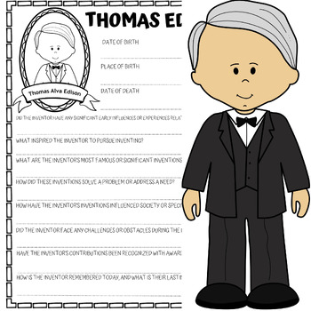 Thomas edison inventor biography research coloring page and poster