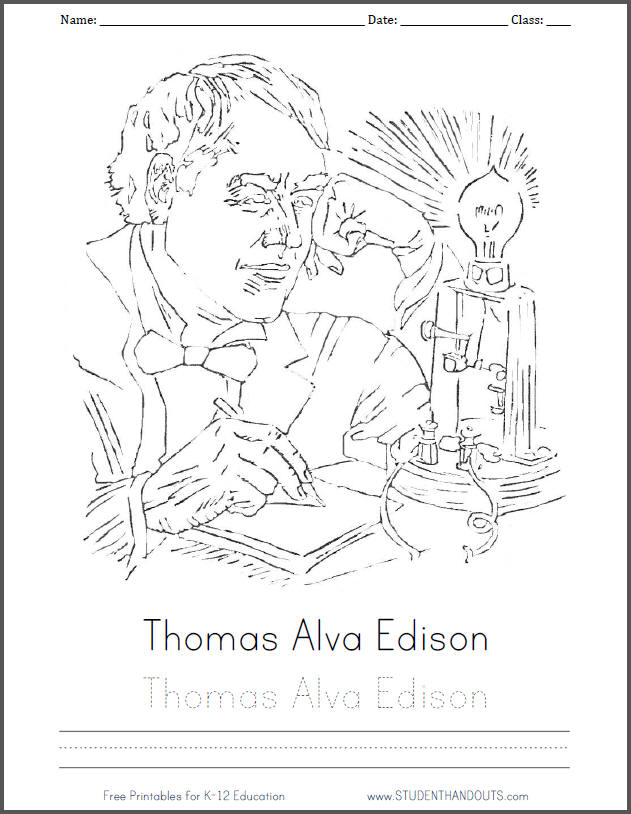 Thomas alva edison coloring page student handouts
