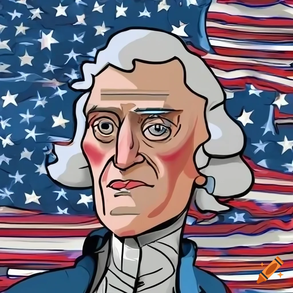 Cartoon portrait of thomas jefferson with patriotic background on