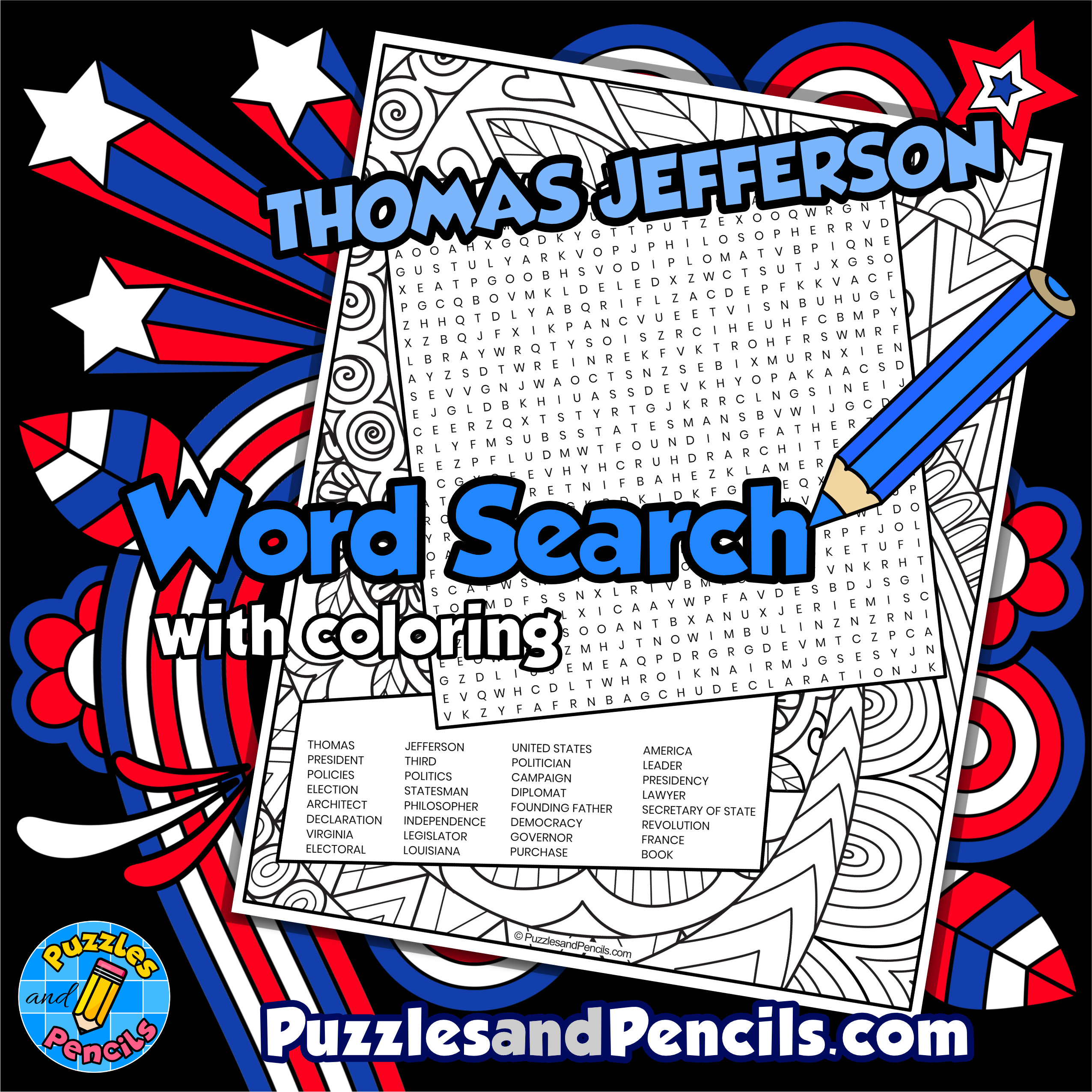 Thomas jefferson word search puzzle activity us presidents wordsearch made by teachers