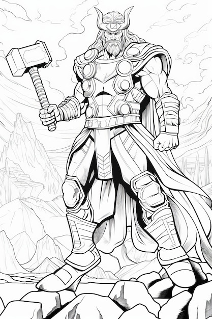 Premium ai image thors mighty hammer a dynamic coloring page adventure with clean cartoon lines and a wartorn blac