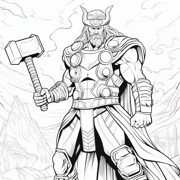 Premium ai image thors mighty hammer a cleanlined cartoon coloring page in black and white with a war background