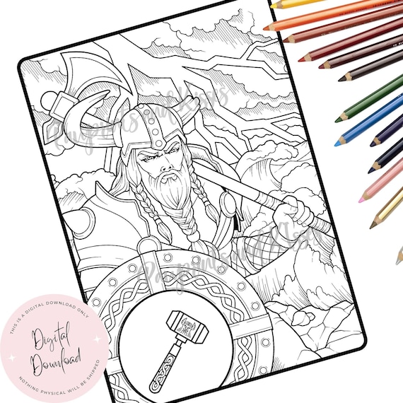 Thor viking god of thunder digital download coloring sheet viking coloring for adults kids and teens pagan nordic icelandic norse gods