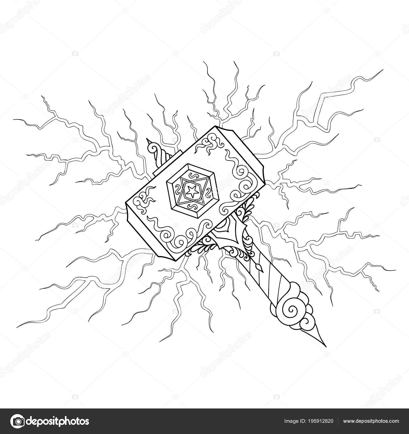 Hand drawn beautiful hammer light bolt illustration coloring book page stock vector by somjaicindygmail