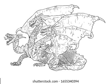 Three headed dragon coloring page outline stock illustration