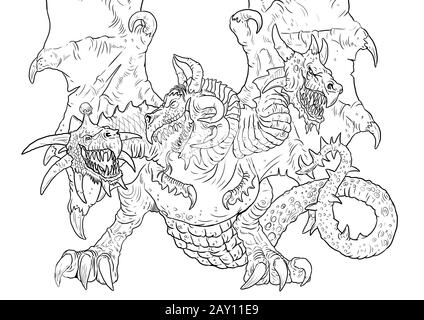 Three headed dragon coloring page outline illustration dragon drawing coloring sheet stock photo