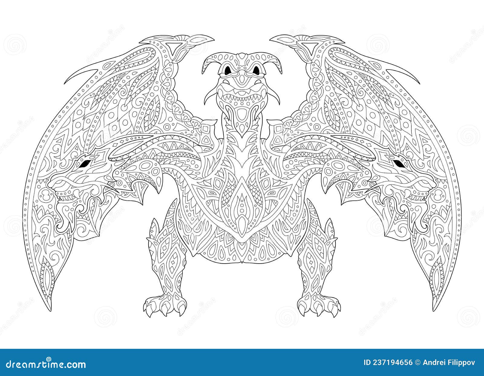 Fantasy coloring book art with three headed dragon stock vector