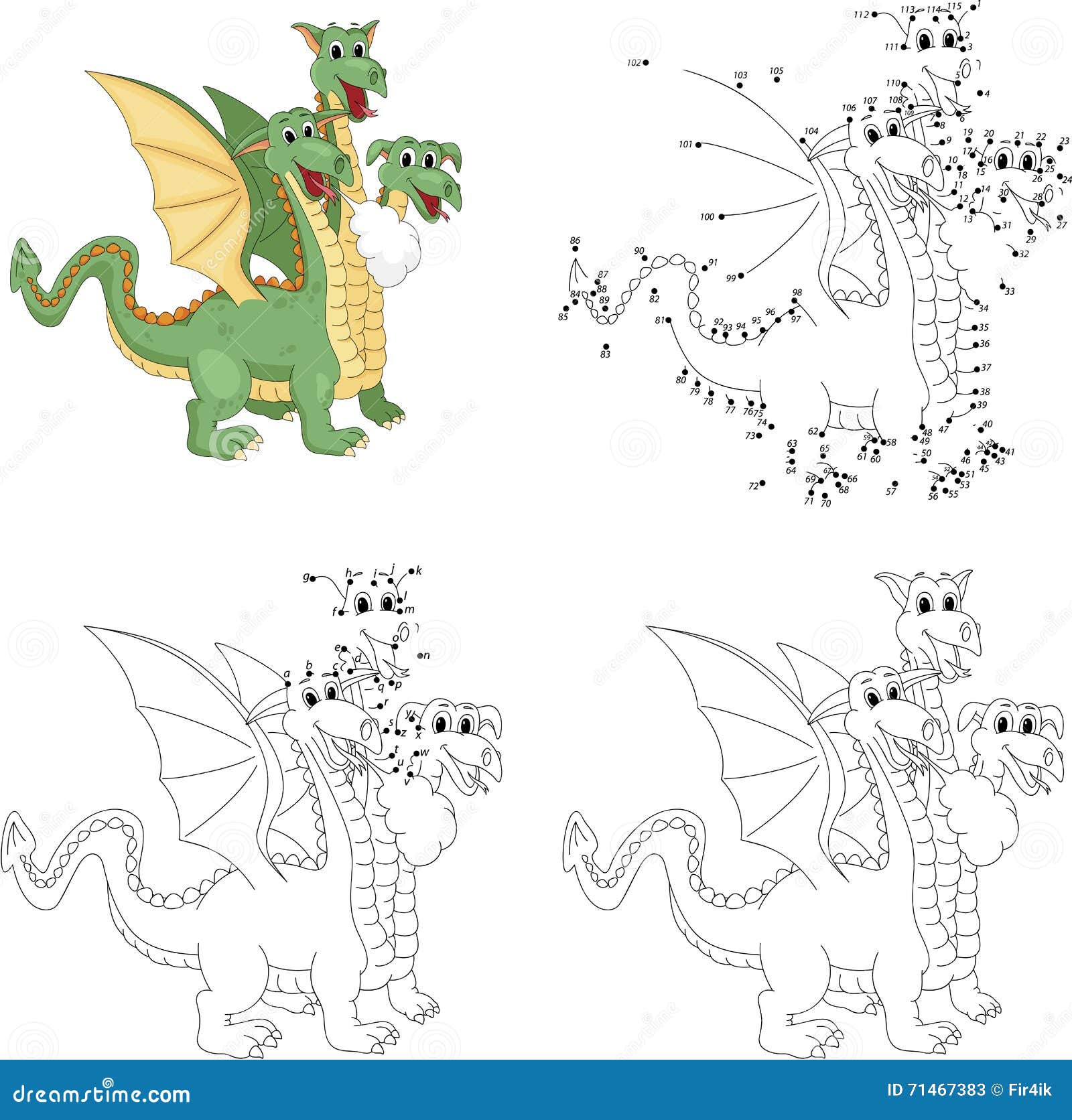 Cartoon funny three headed dragon coloring book and dot to dot stock vector