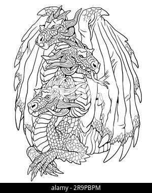 Three headed dragon coloring page outline illustration dragon drawing coloring sheet stock photo