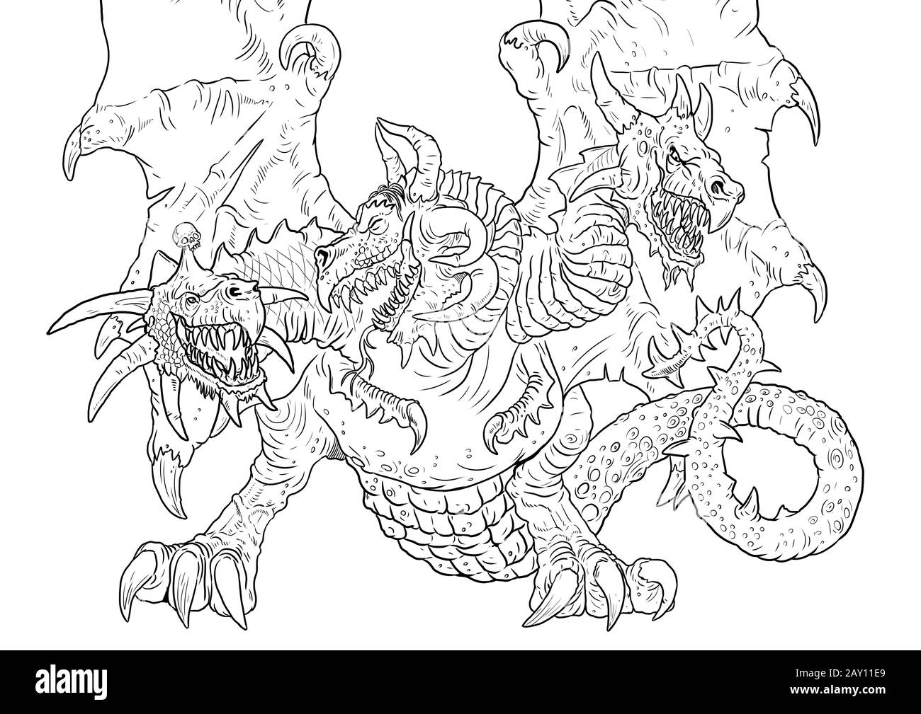 Three headed dragon coloring page outline illustration dragon drawing coloring sheet stock photo