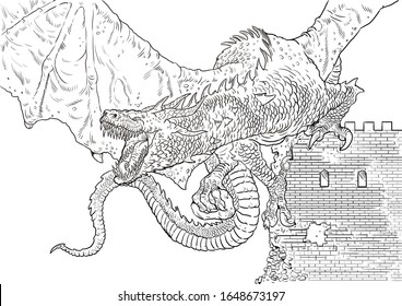 Three headed dragon coloring page outline stock illustration