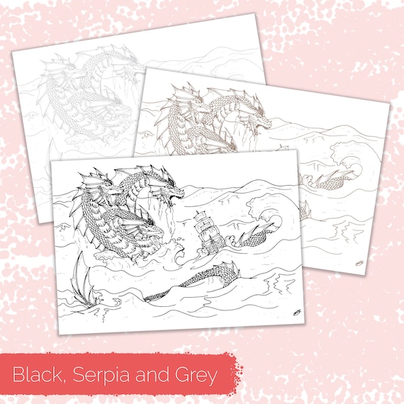 Hand drawn fantasy art colouring page three headed dragon at sea in black serpia and grey for colourist preference