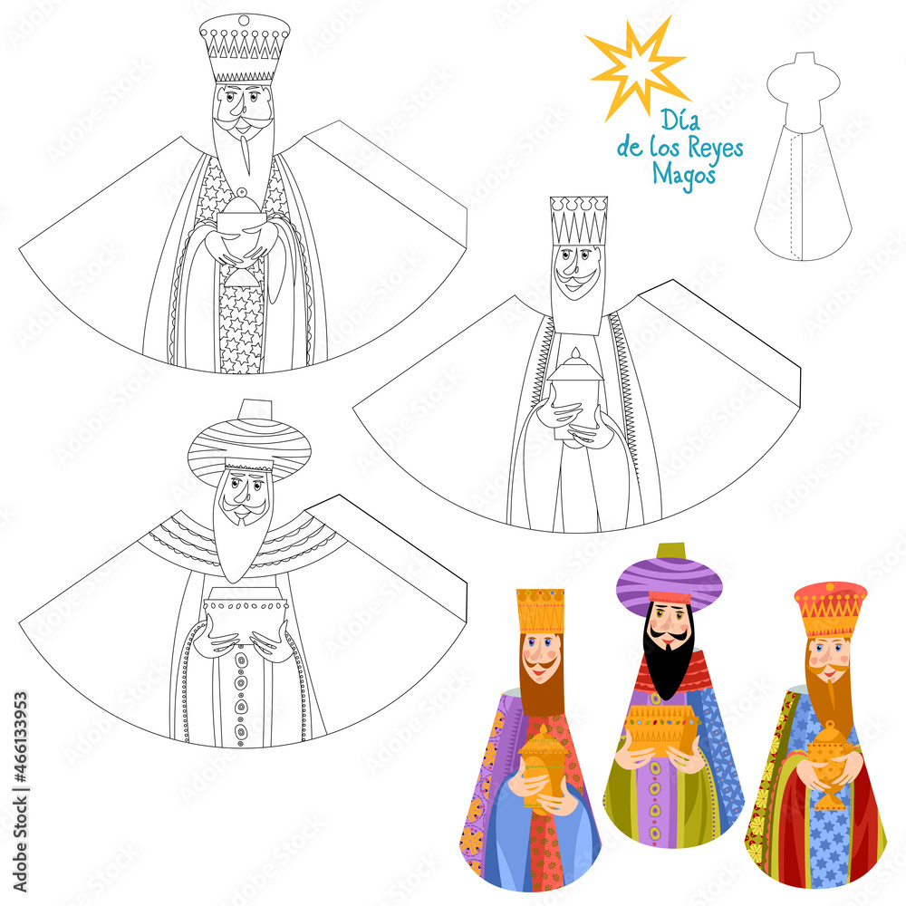 Template for d cut out figures of three biblical kings caspar melchior and balthazar dia de reyes three kings day coloring page vector