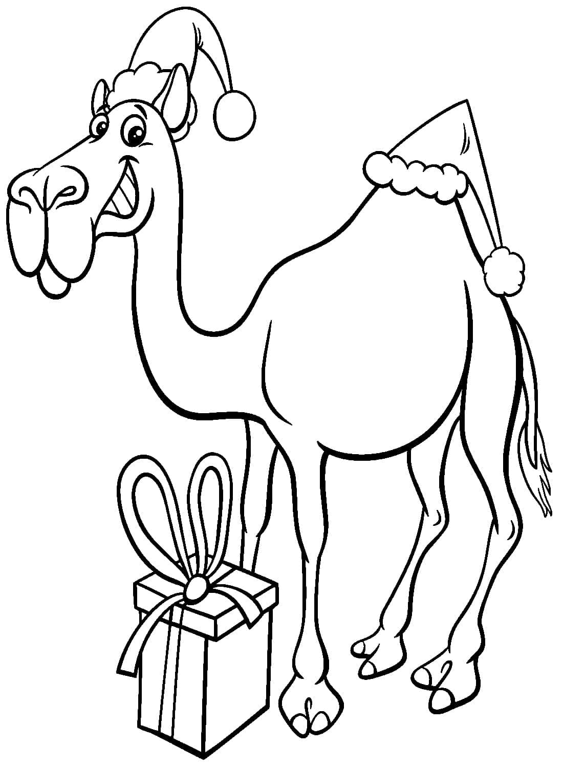 Happy camel and christmas present coloring page