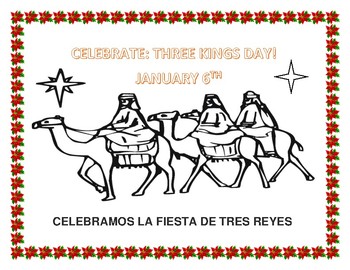 Feast of the three kings bilingual poster sign or coloring page