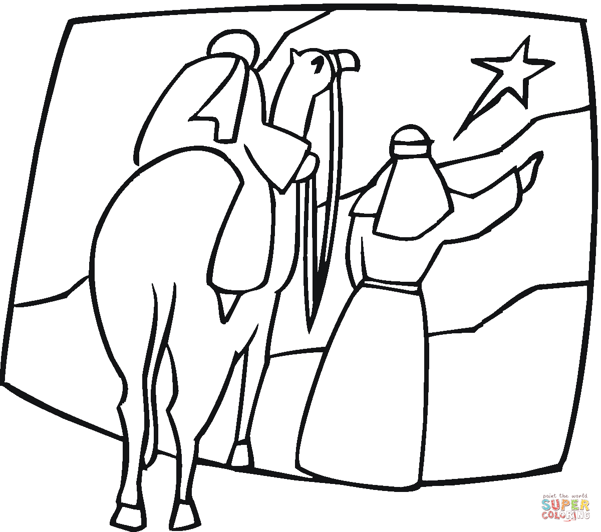 Kings on the camel are pointing at christmas star coloring page free printable coloring pages