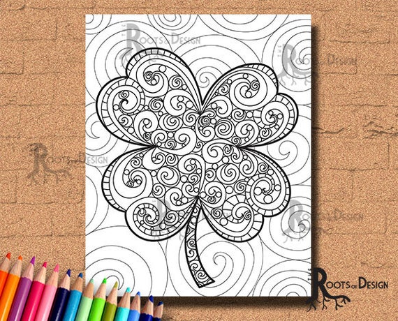 Instant download coloring page shamrock clover print zentangle inspired doodle art printable