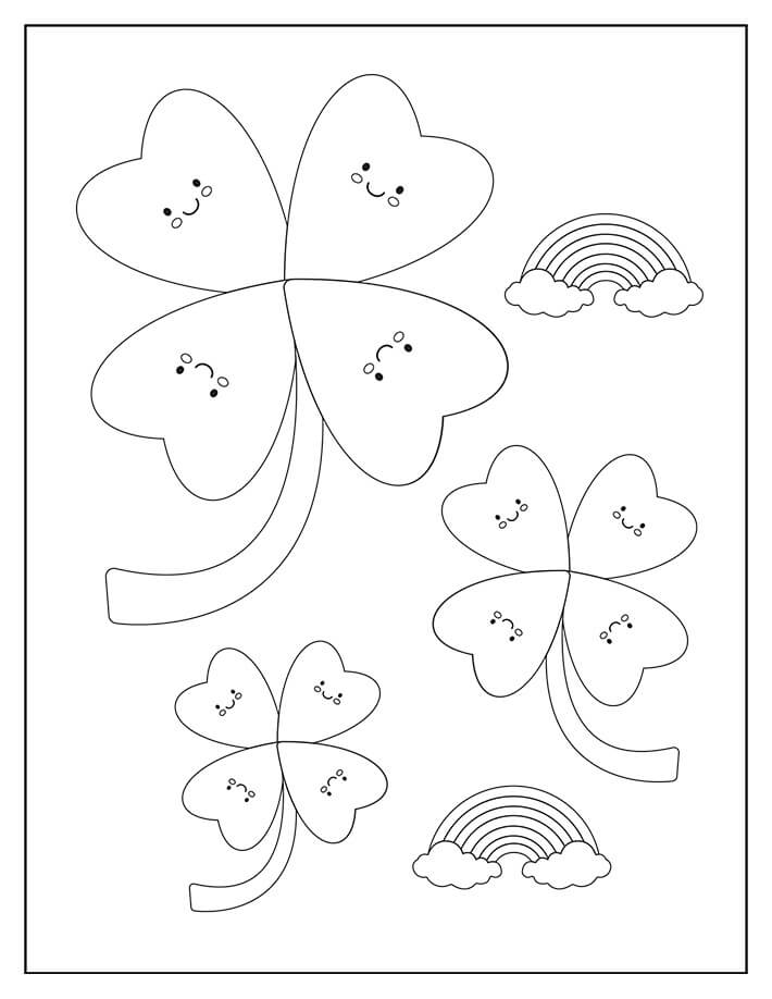 Three shamrocks with rainbows coloring page