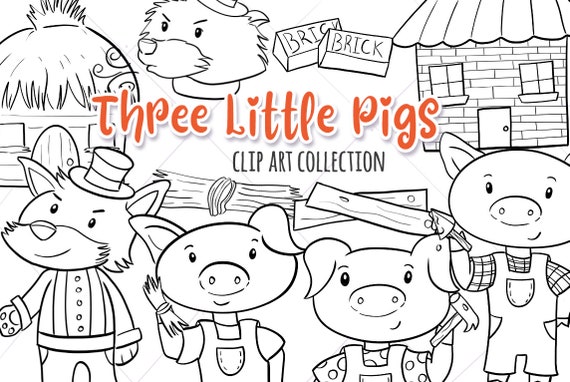 Three little pigs fairy tale black and white illustrations fairy tale coloring pages three pigs digital stamps