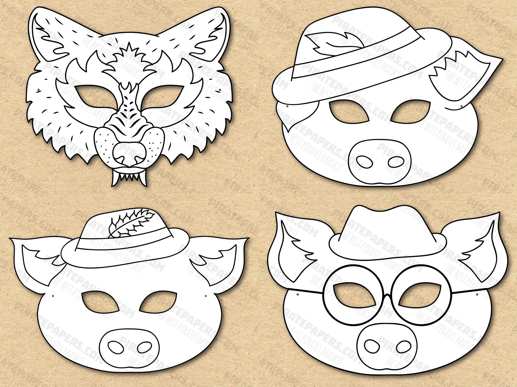 The three little pigs masks printable coloring big bad wolf paper diy for kids and adults pdf template instant download halloween instant download