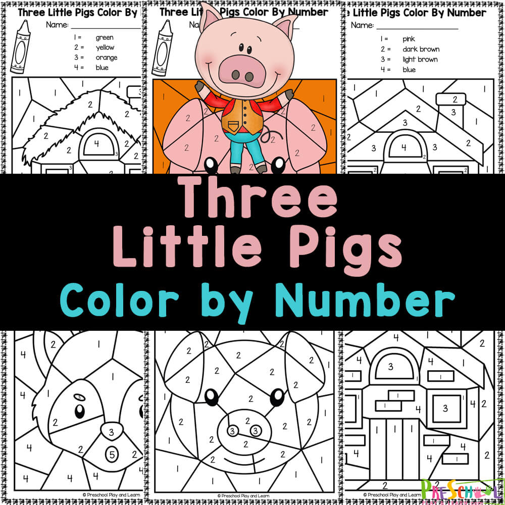 Free three little pigs color by number worksheets