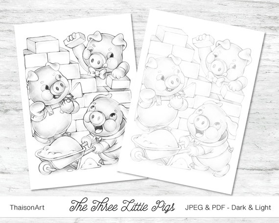 The three little pigs coloring pages for adults and kids digital stamp animals illustration fairy tale scene pdf instant download