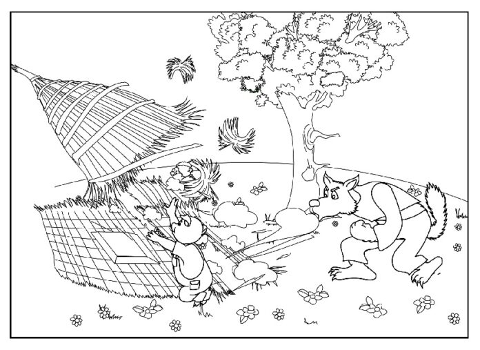 Coloring book scene from the three little pigs cartoon printable and online