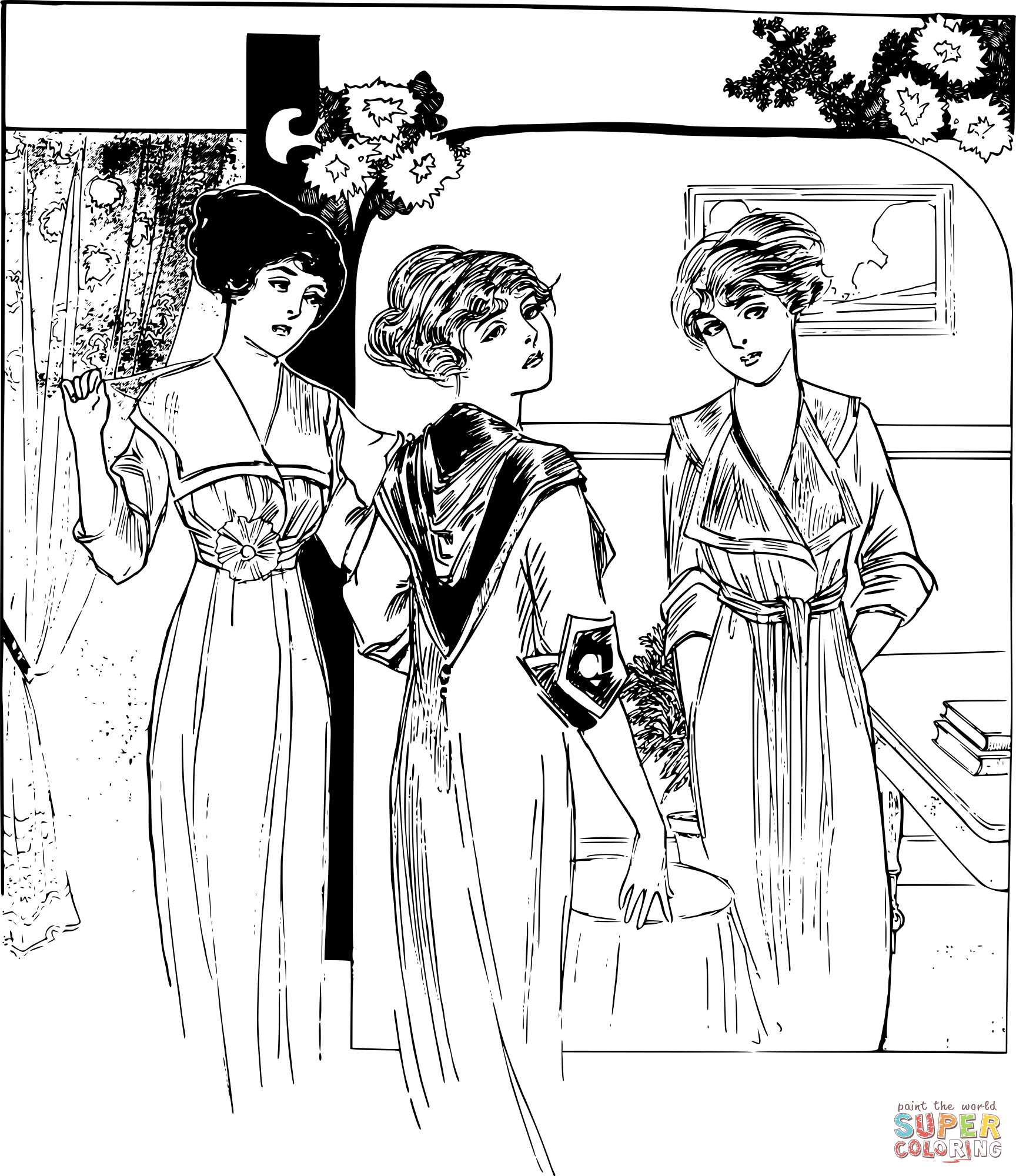 Vintage three sisters coloring page free printable coloring pages