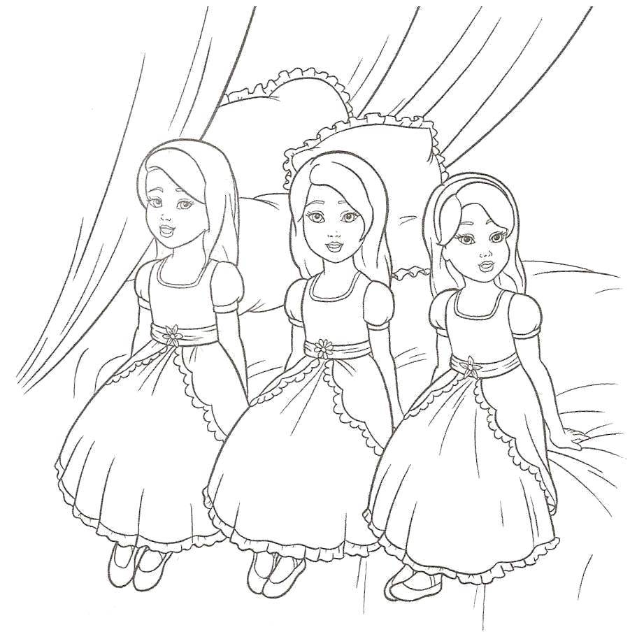 Online coloring pages coloring page three small shallow princess types barbie download print coloring page