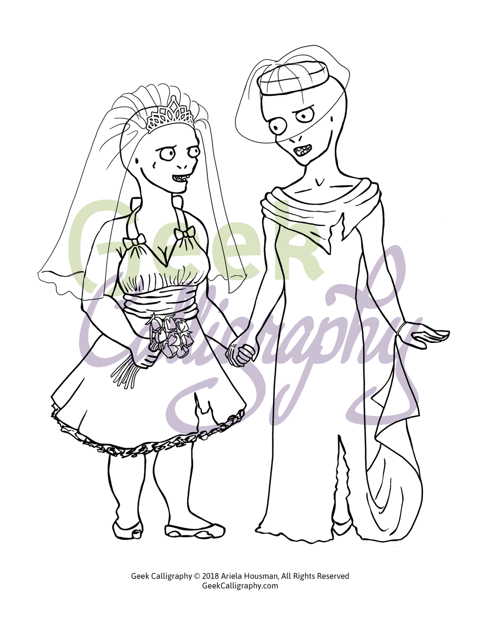 Zombie brides coloring page â geek calligraphy