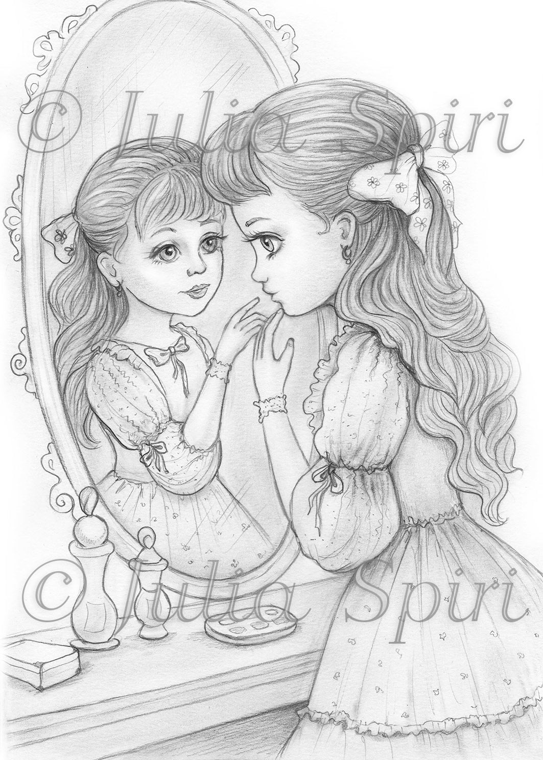 Grayscale coloring page cute girl looking in the mirror reflection â the art of julia spiri