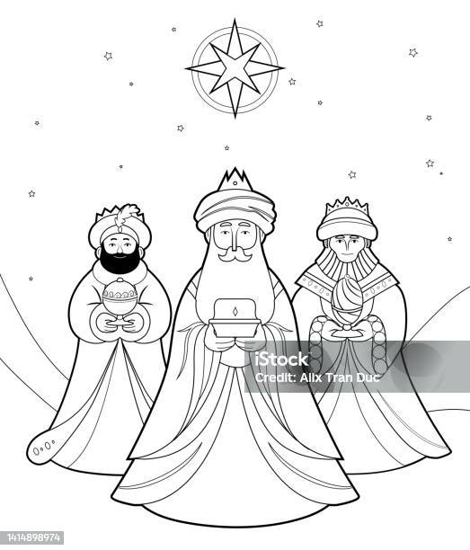 The three wise men under the star of bethlehem coloring page stock illustration