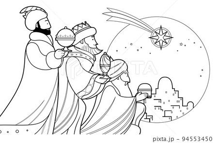 Cartoon three wise men offering gifts in