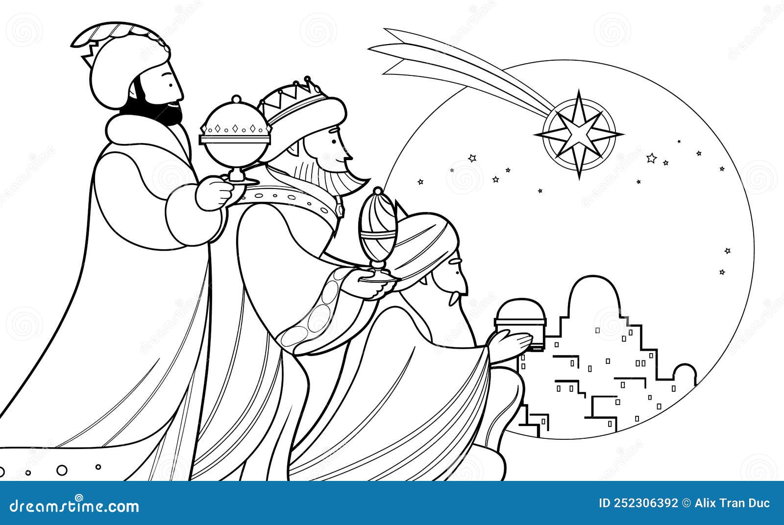 Cartoon three wise men offering gifts in bethlehem coloring page stock vector