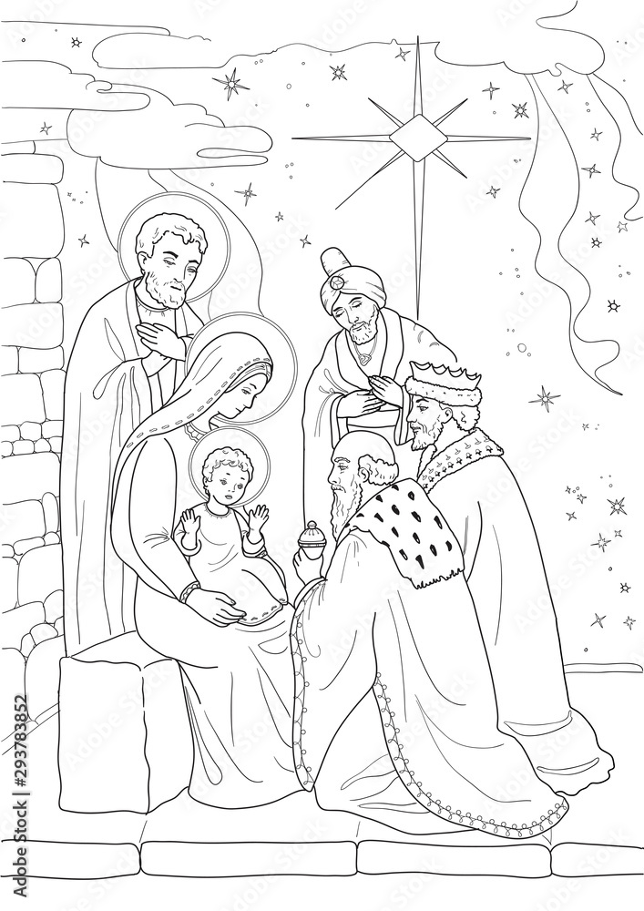 Christmas coloring page with baby jesus mary joseph three wise men black and white vector