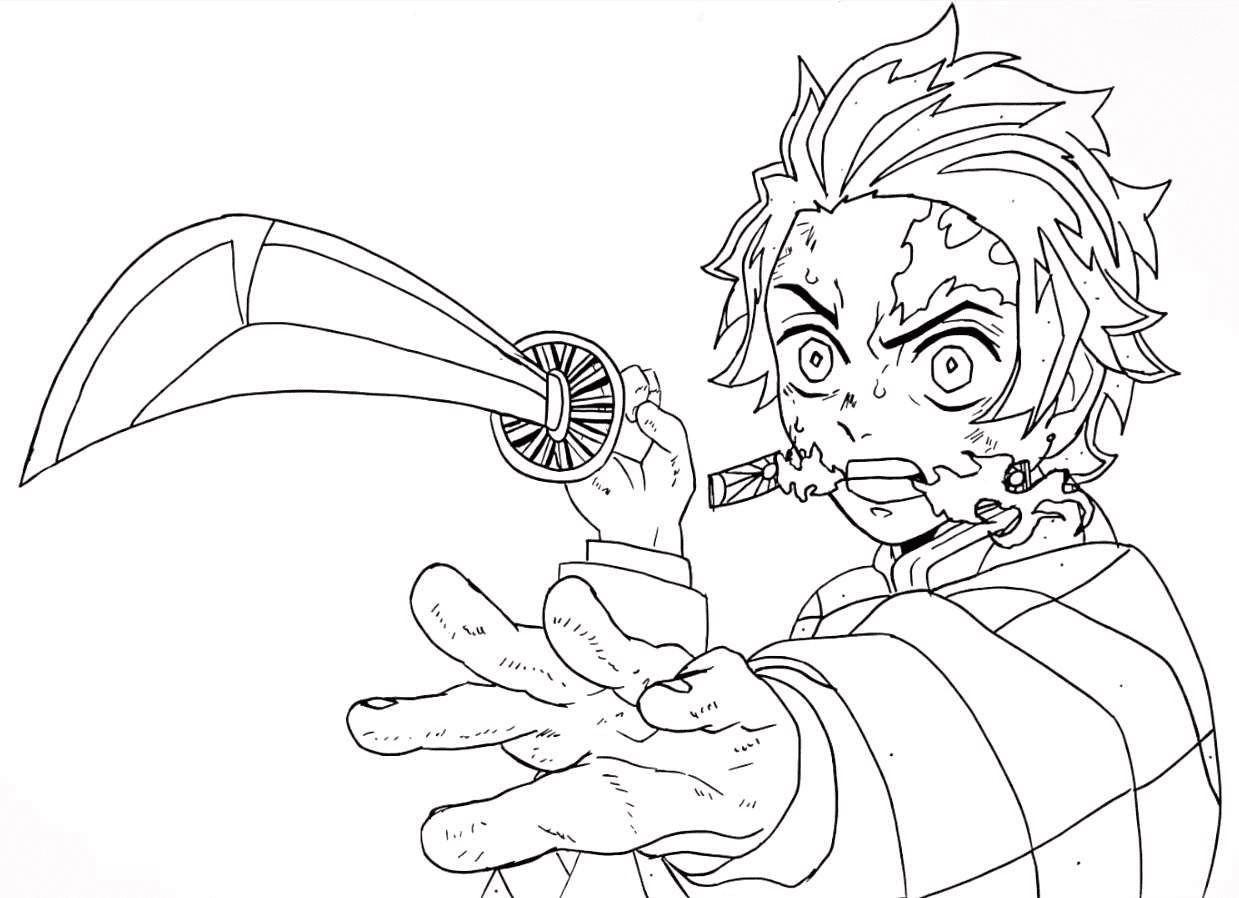 Tanjiro kamado throws his katana at the enemy coloring page printable