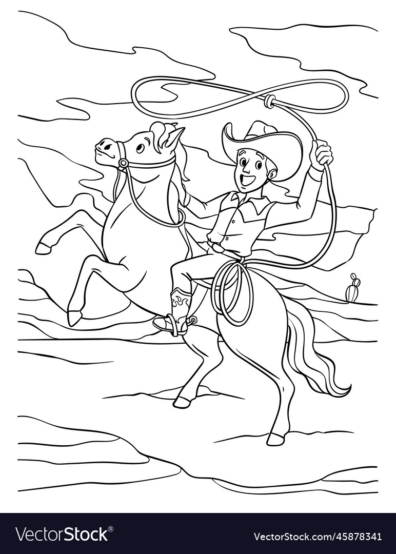 Cowboy throwing a lasso on horse coloring page vector image