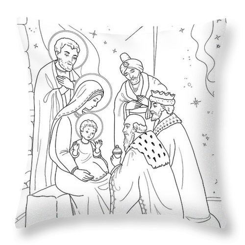 Christmas coloring page with baby jesus mary joseph three wis throw pillow by olha zolotnyk