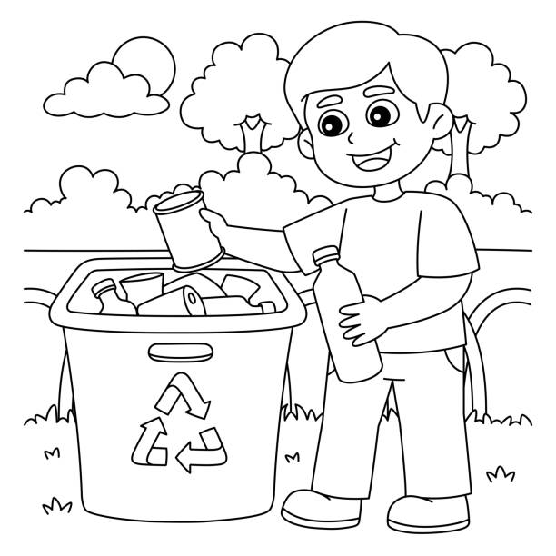 Boy recycling coloring page for kids stock illustration