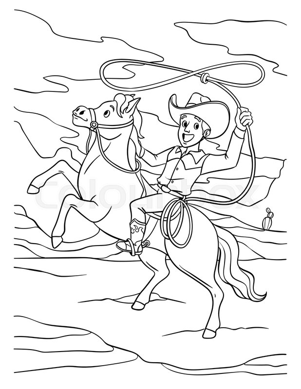 Cowboy throwing a lasso on a horse coloring page stock vector