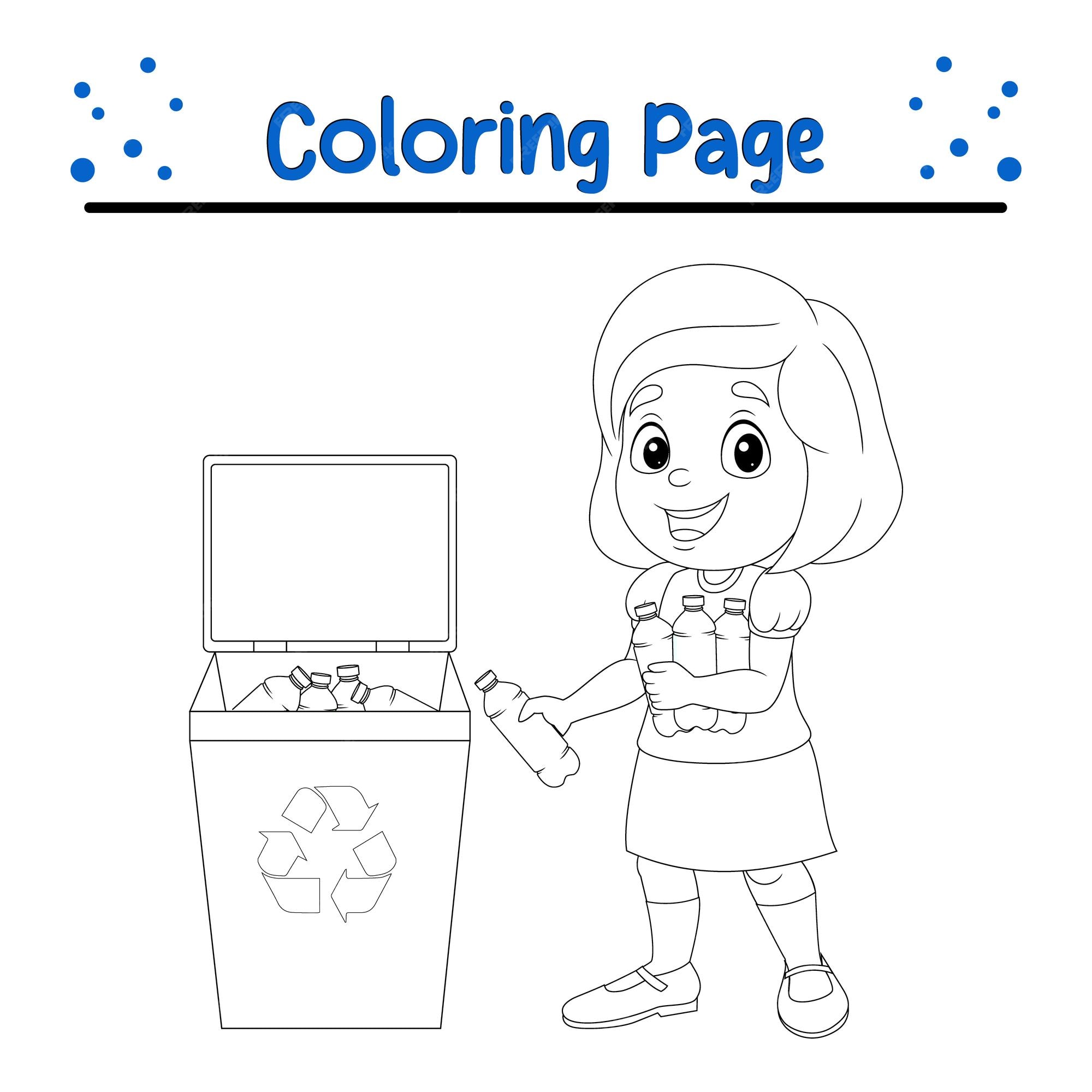 Premium vector girl throwing trash into litter bin coloring page