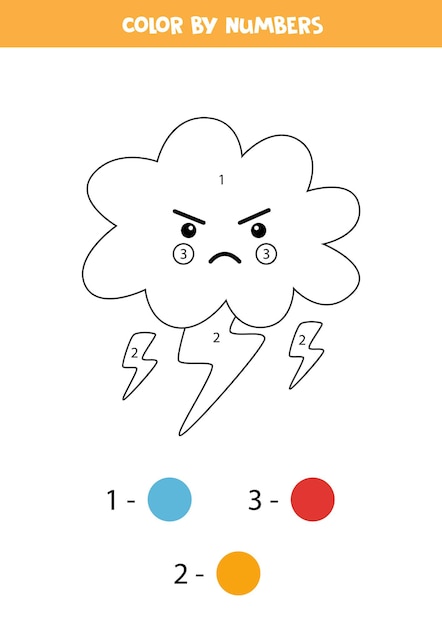 Premium vector coloring page with kawaii thunderstorm cloud color by numbers math game for kids